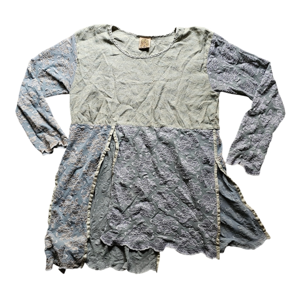URU art to wear assimetric cut out‎ silk blend blue green bohemian top One size